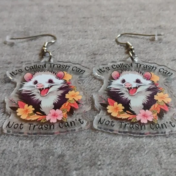 Trashy Opossum Acrylic Earrings, Hook Dangle New, Funny Wildlife Spring Summer - Picture 3 of 4